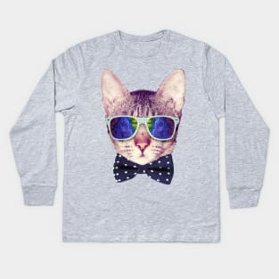 Hipster Cat with Glasses and Bow Tie Sticker Kids Long Sleeve T-Shirt